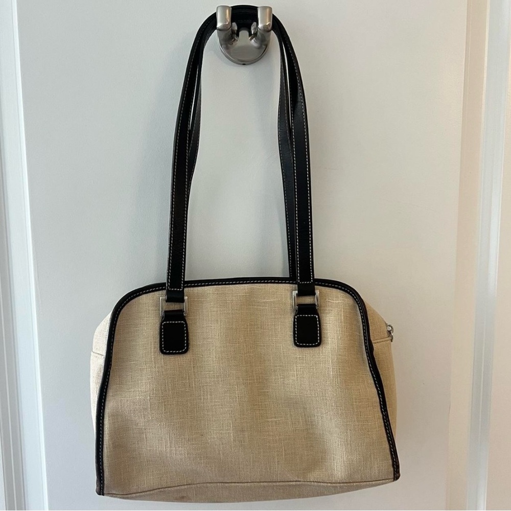 Ralph Lauren Shoulder Purse - Tan Cloth/Dark Brown Leather